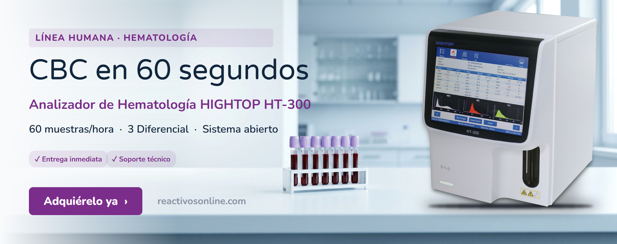 Analizador de Hematología HIGHTOP HT-300 en un laboratorio clínico, junto a una gradilla de tubos con tapón lila: CBC en 60 segundos