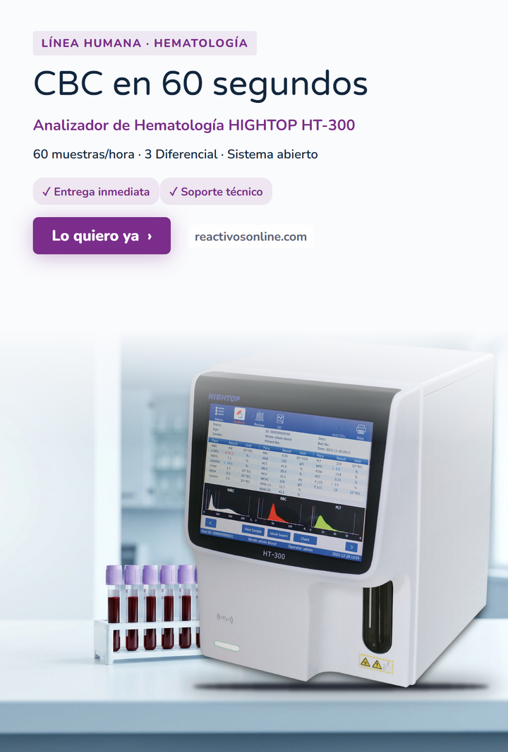 Analizador de Hematología HIGHTOP HT-300 en un laboratorio clínico, junto a una gradilla de tubos con tapón lila: CBC en 60 segundos