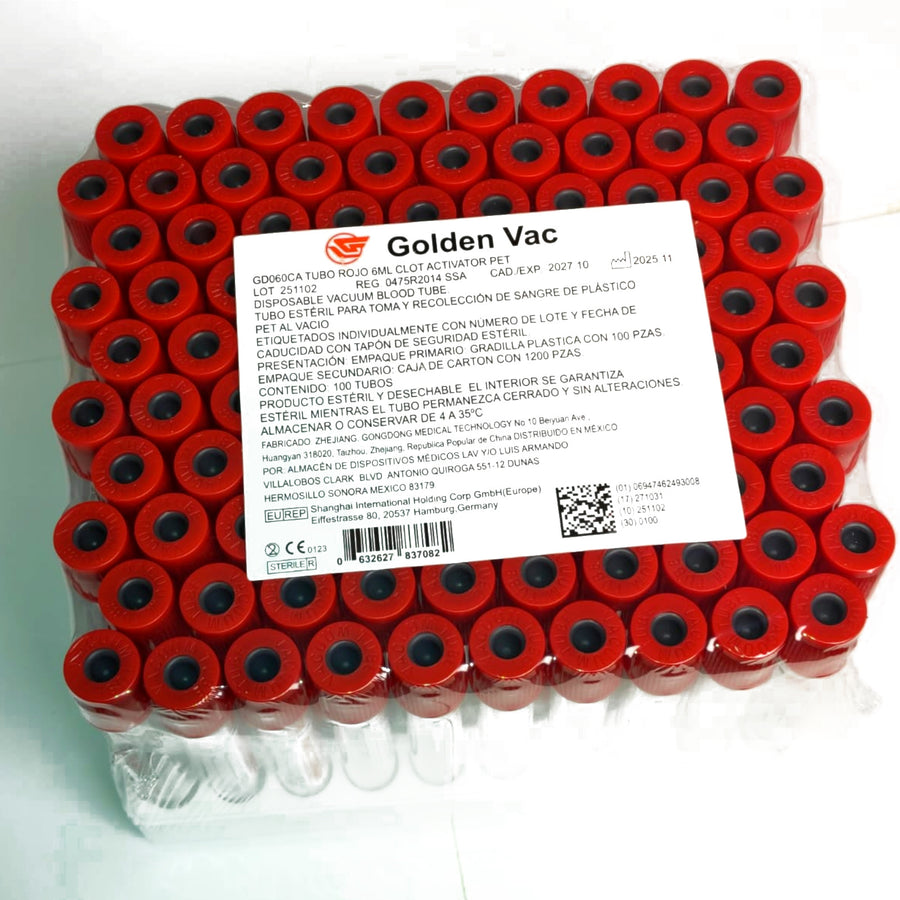 Tubo de Extracción de Sangre Rojo 6ml Sin Aditivo c/100 GD060CA