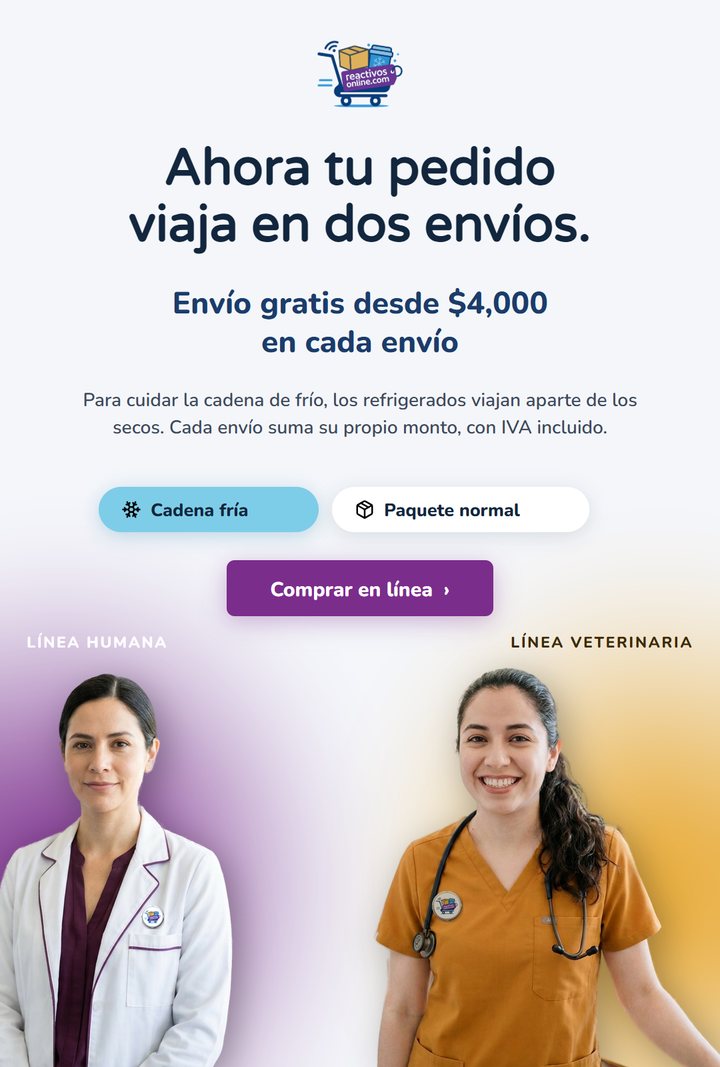 Nueva dinámica de envíos: cadena fría y paquete normal viajan por separado, con envío gratis desde $4,000 en cada envío. Línea humana y línea veterinaria